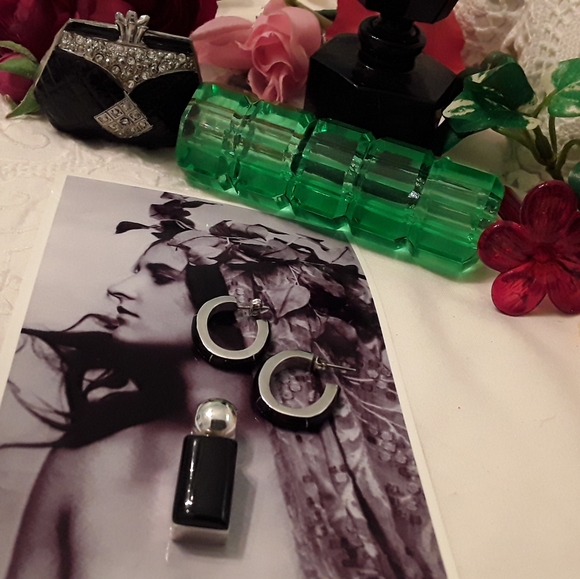 VTG.925 STERLING ONYX SLIDE & ONYX HOOP EARRINGS - Picture 2 of 8